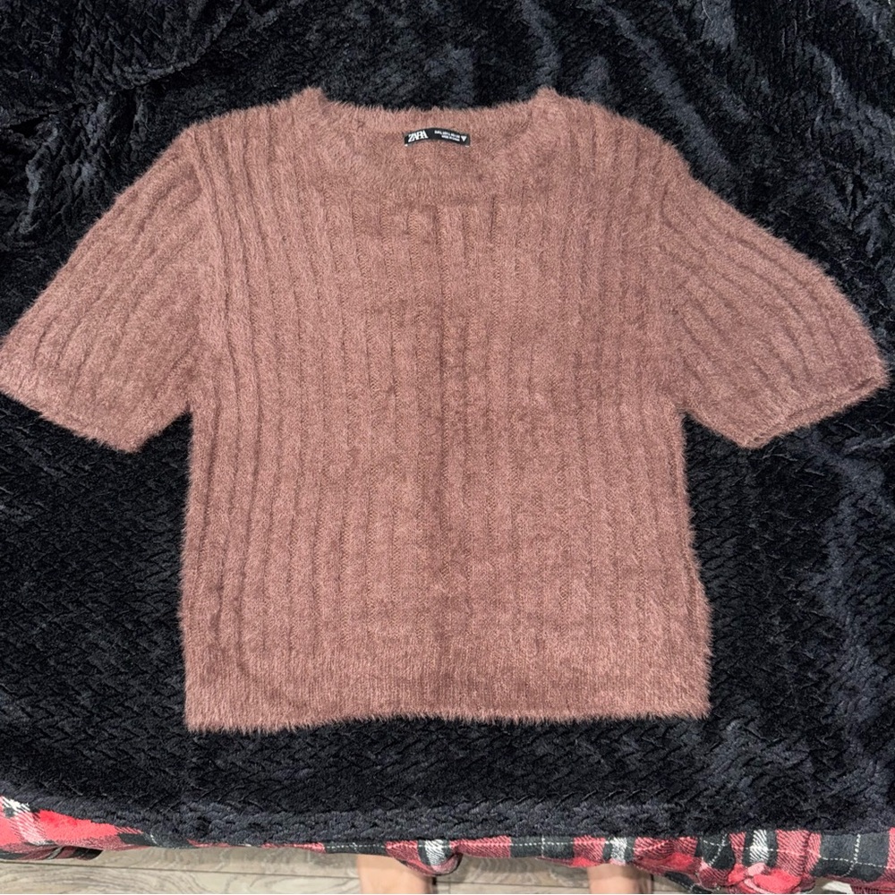 Zara Short-Sleeve Fuzzy Ribbed Sweater in Brown